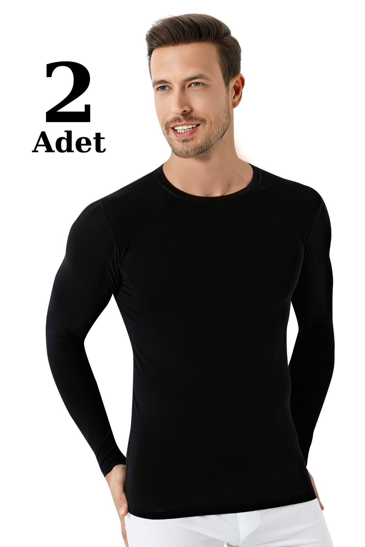 Erkek Regular Fit Bisiklet Yaka Uzun Kollu Tişört 2'li Paket %100 Pamuk