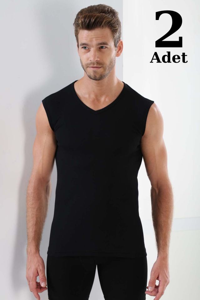 Erkek Tişört V Yaka Sıfır Kol Kolsuz Atlet Body 2'li %100 Pamuk