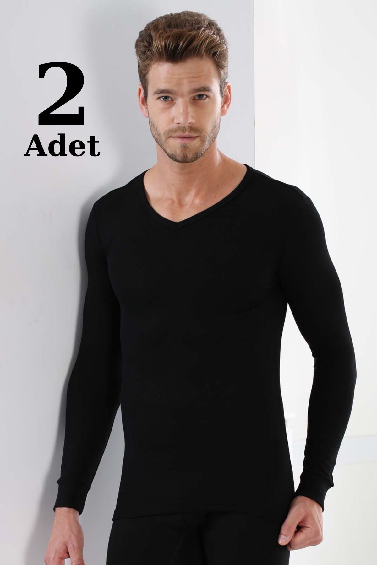 2'li Paket Erkek Badi Uzun Kollu T-shirt V Yaka Basic %100 Pamuk Ribana