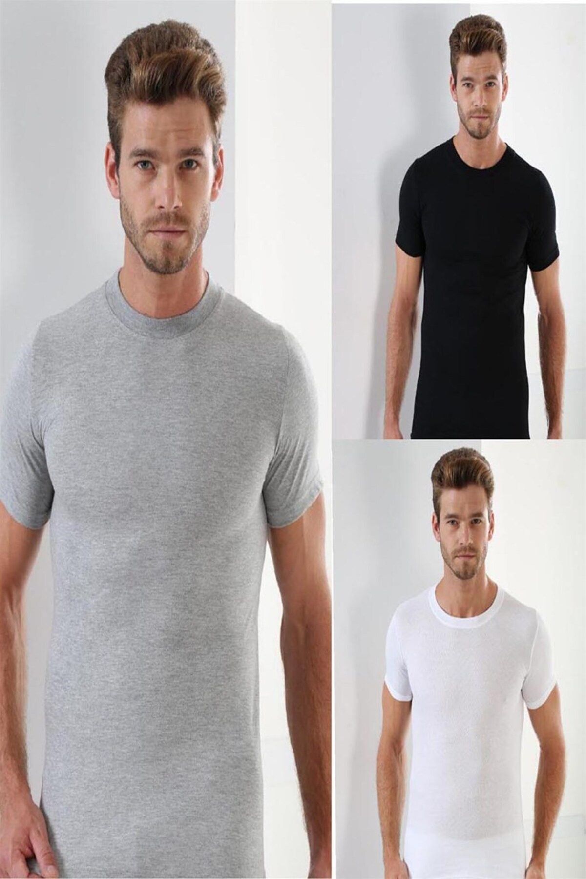 Erkek T-shirt Sıfır Yaka Kısa Kollu 3'lü Paket %100 Pamuk