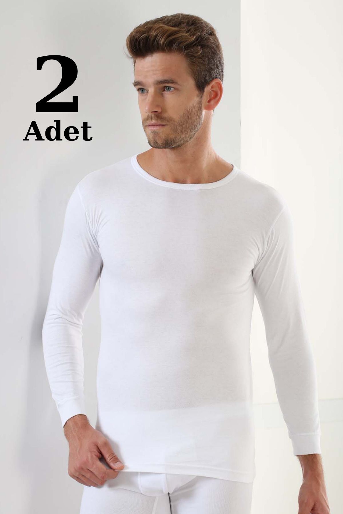 2'li Paket Erkek Badi Uzun Kollu T-shirt Bisiklet Yaka Basic %100 Pamuk Ribana