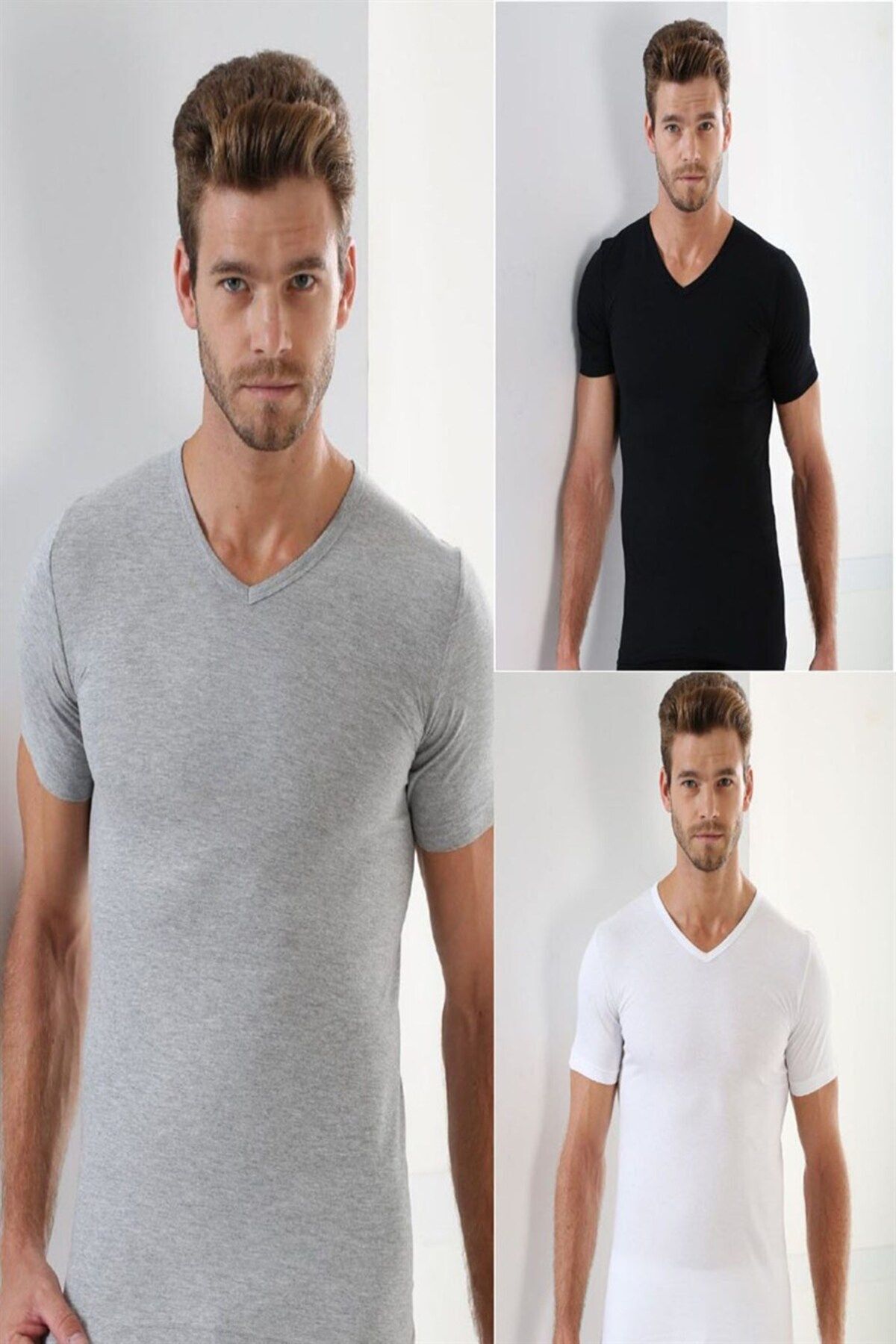 3'lü Paket Erkek V Yaka T-shirt Kısa Kollu %100 Pamuk