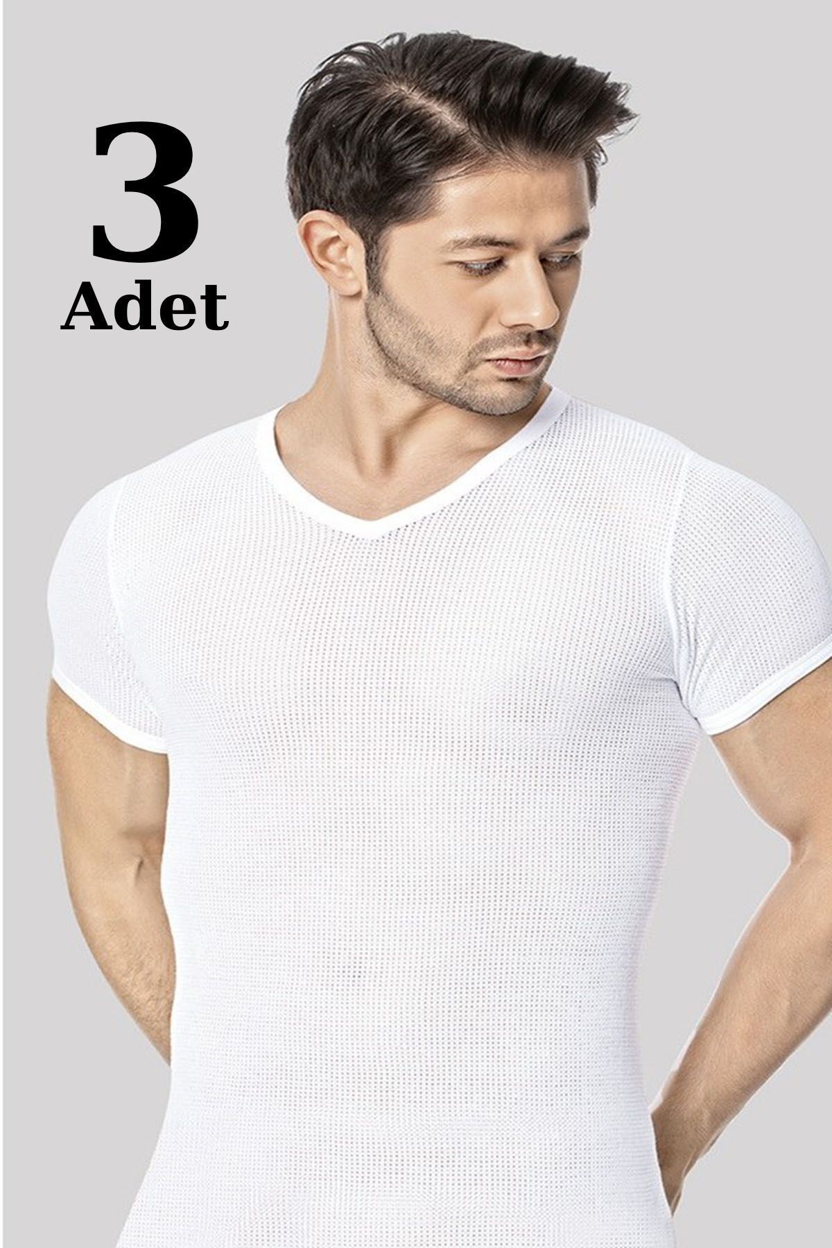 Erkek Fileli Tişört V Yaka 3'lü Paket %100 Pamuk