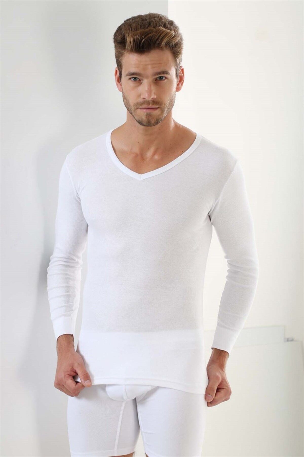 Erkek Badi Uzun Kollu T-shirt V Yaka Basic %100 Pamuk Ribana