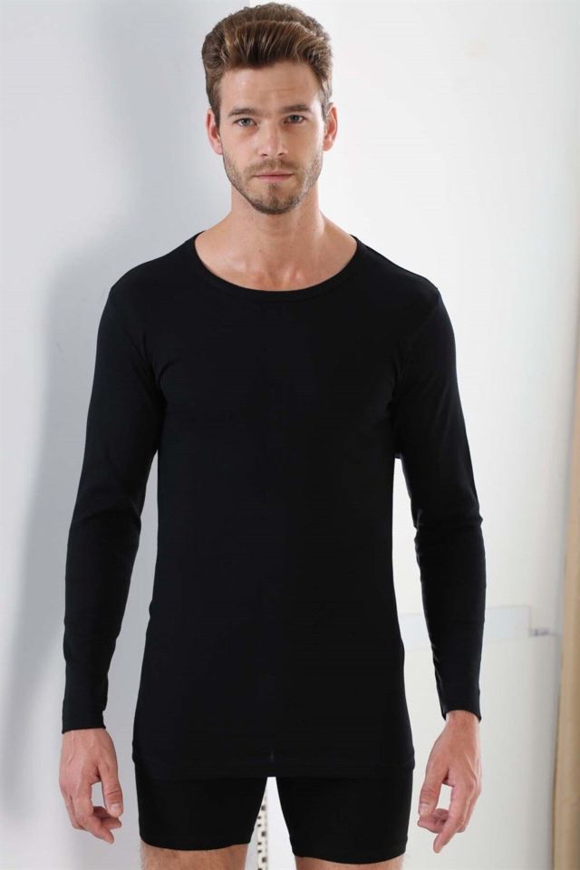 Erkek Badi Uzun Kollu T-shirt Bisiklet Yaka Basic %100 Pamuk Ribana