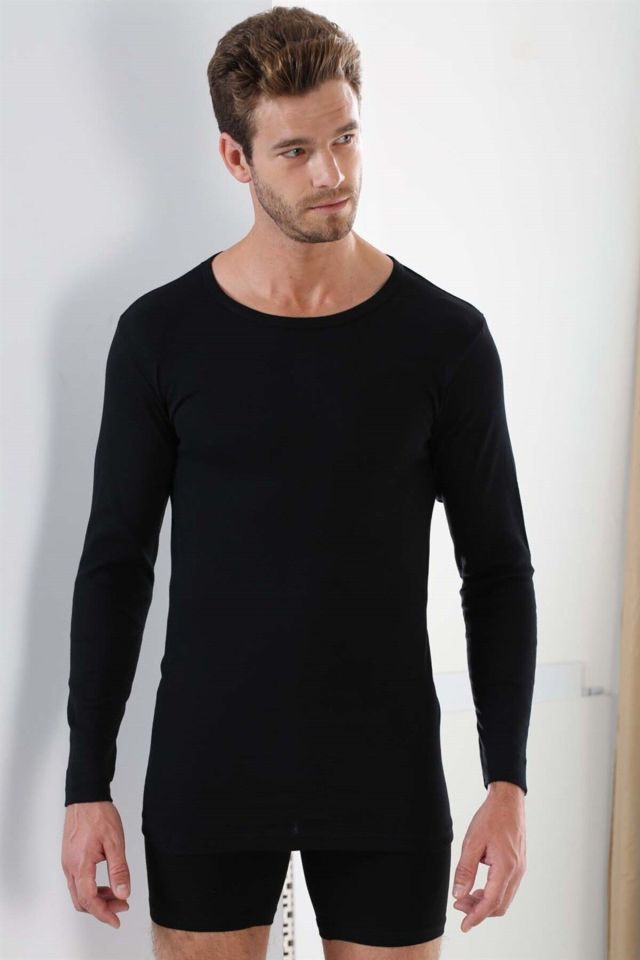 Erkek Badi Uzun Kollu T-shirt Bisiklet Yaka Basic %100 Pamuk Ribana