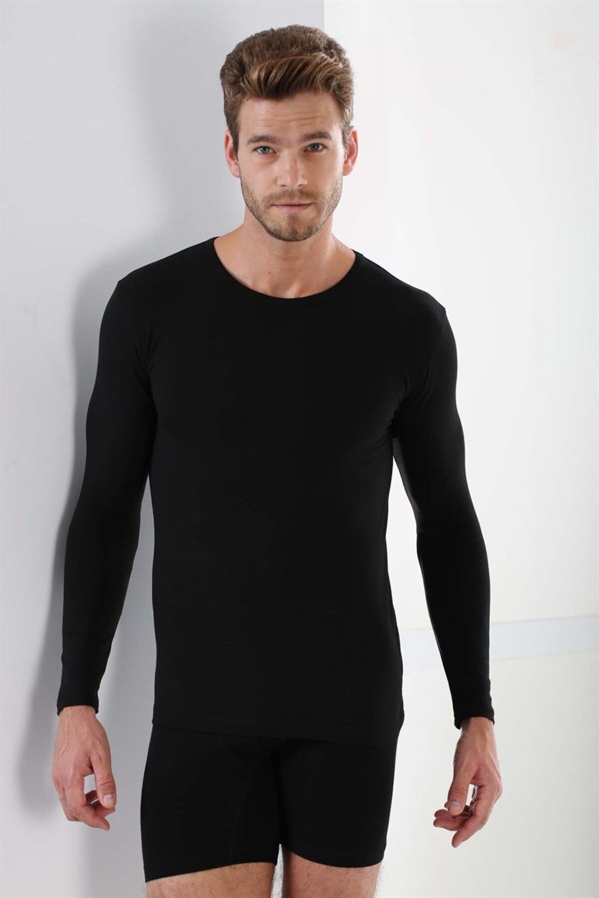 Erkek Badi Uzun Kollu T-shirt Bisiklet Yaka Basic %100 Pamuk Ribana
