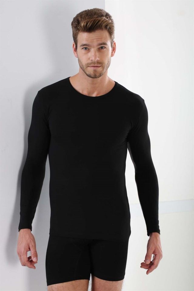 Erkek Badi Uzun Kollu T-shirt Bisiklet Yaka Basic %100 Pamuk Ribana