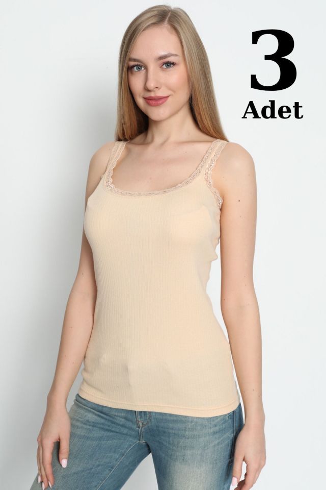 3'lü Paket Kadın Ince Askılı Dantelli Atlet %100 Pamuk